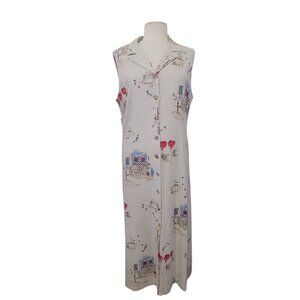 K Studio Vintage Linen Sleeveless Midi Dress Button Front Cottagecore Floral